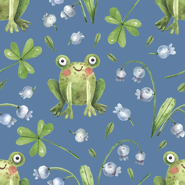 clover flowers and clover leaves. Watercolor illustration seamless pattern. Kids background with frog and forest plants.
