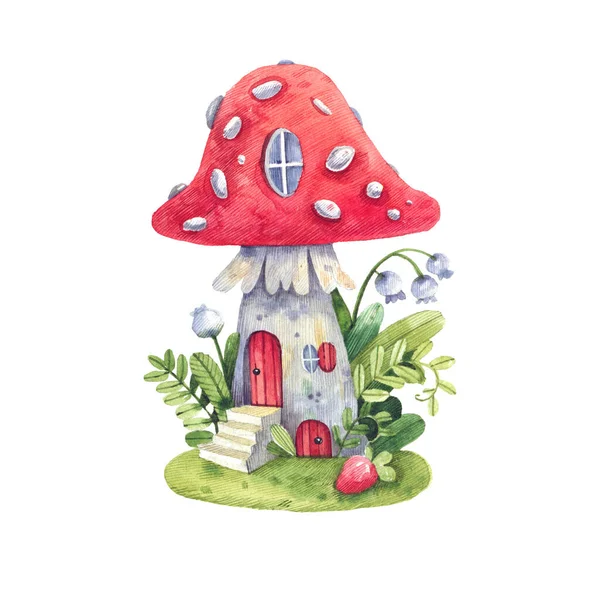 Cartoon Fly Agaric House Flowers Forest Herbs Hand Drawn Watercolor — Fotografia de Stock