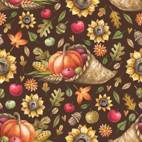 Thanksgiving, harvest day seamless pattern with autumn leaves, flowers, ripe fruits and cornucopia. Autumn watercolor background with sunflowers, pumpkins, ripe fruits and leaves.