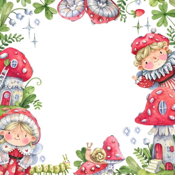 Cartoon watercolor frame with cute characters in fly agaric costumes, fly agaric houses, flowers and berries. Fairytale frame for postcards, invitations, albums.