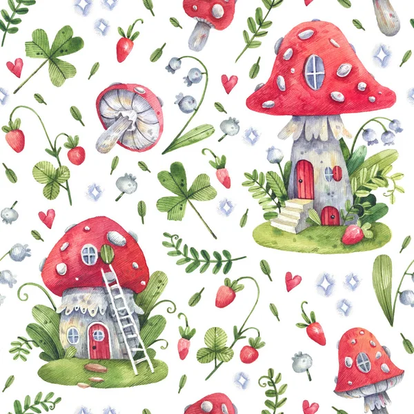 Cartoon Forest Seamless Pattern Fly Agaric Houses Mushrooms Strawberries Flowers — Zdjęcie stockowe