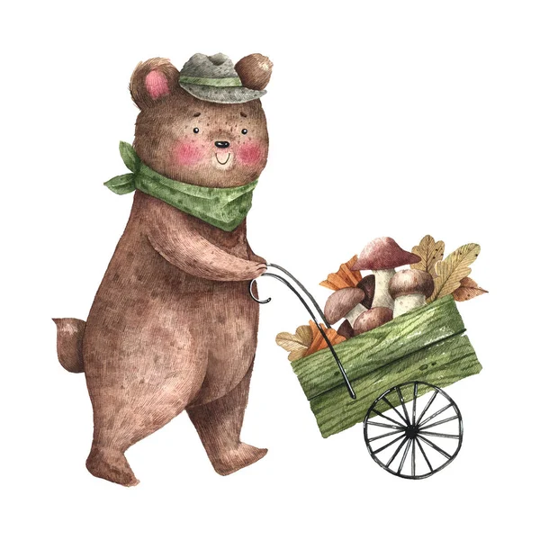 Bear Cart Mushrooms Watercolor Cartoon Illustration Cute Bear Hat Collects — ストック写真