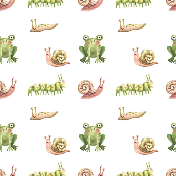 Cute cartoon pattern with forest insects, slugs, snails and frogs. Seamless background with forest insects and amphibians in kids style. Watercolor illustration.