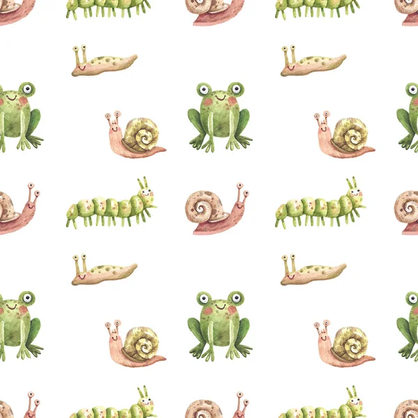 Cute cartoon pattern with forest insects, slugs, snails and frogs. Seamless background with forest insects and amphibians in kids style. Watercolor illustration.