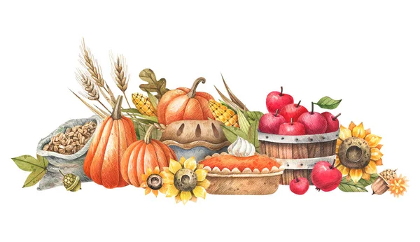 Harvest holiday, Thanksgiving day watercolor illustration with pumpkins, apples, pumpkin pie, sunflowers and other gifts of nature. Thanksgiving day clipart with vegetables, flowers and fruits.