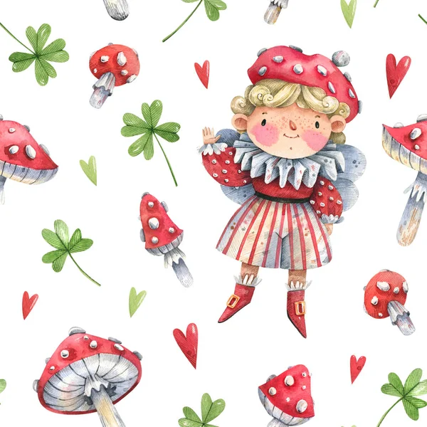 Cute cartoon fly agaric elf, fly agaric mushrooms and hearts, clover leaves cartoon seamless pattern. Kids style seamless background with watercolor illustrations.