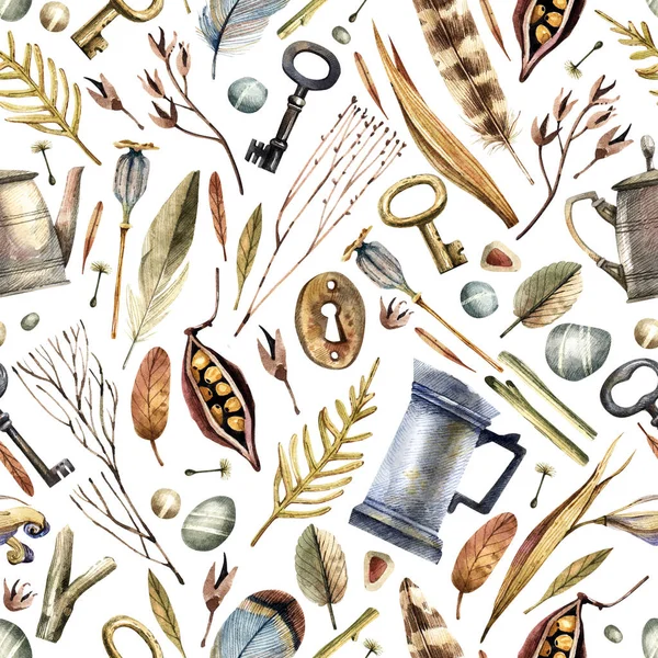 Watercolor vintage pattern with dry autumn herbs and flowers, feathers, vintage keys, seeds and pebbles. Vintage items, natural elements seamless pattern on white background.