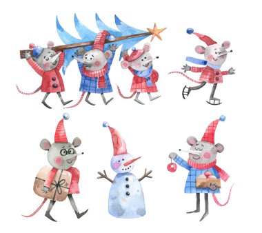 Çizgi film tarzında Noel suluboya çizimleri. Şirin küçük fareler Noel için hazırlanıyor, hediyeler hazırlıyorlar, Noel ağacı taşıyorlar..