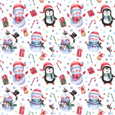 Çizgi film, şirin kardan adamlar, penguenler, hediyeler ve kar taneleriyle Noel arkaplanı. Noel, yeni yıl unsurları ve çocuk stili karakterlerle kusursuz desen..