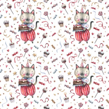 Karnaval kostümü, şeker, dekor ve konfeti giymiş şirin kedilerin olduğu karikatürsüz bir tatil deseni. Ambalaj kağıdı, festival tekstili, hatıra defteri için arka plan. Suluboya çizimi.