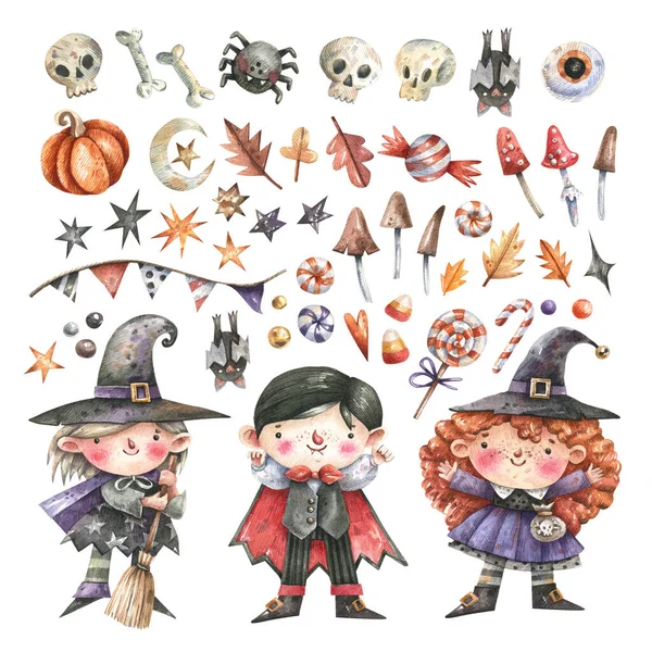 Colección Personajes Halloween Elementos Estilo Dibujos Animados Vampiro Brujas Huesos —  Fotos de Stock