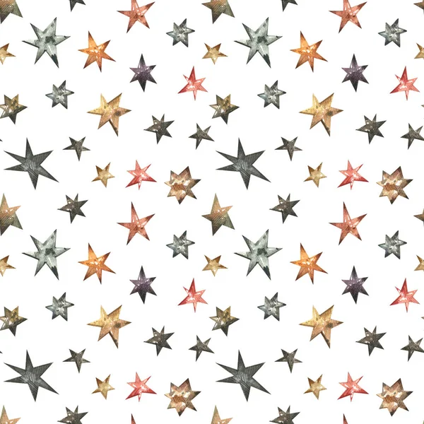 Bright seamless pattern with gold, copper and silver stars. Stars on a white background seamless texture.