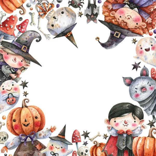 Halloween Znaków Kwadratowych Ramki Stylu Kreskówki Czarownice Szkielet Wampiry Duchy — Zdjęcie stockowe