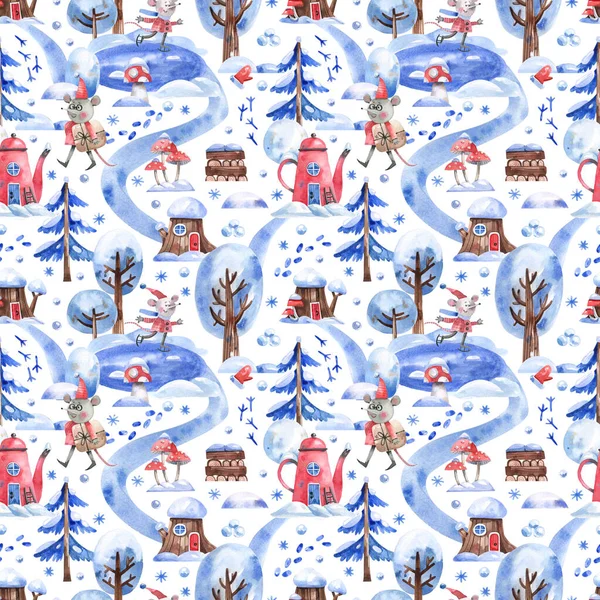 Christmas seamless pattern with cartoon style watercolor illustrations. A magical winter forest with a teapot house, gifts, Christmas trees and mice characters.