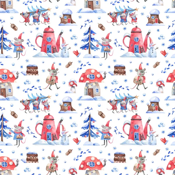 Cartoon winter background with fairytale Christmas village and cute mice. Kids style seamless pattern for holiday decor, wrapping paper, fabric.