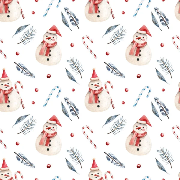 Новый Год Рождественский Узор Симпатичными Снеговиками Свечные Трости Зимние Растения — стоковое фото