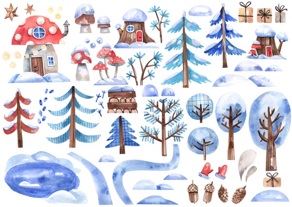 Conjunto Plantas Inverno Árvores Arbustos Desenhados Estilo Cartoon Árvore Natal — Fotografia de Stock