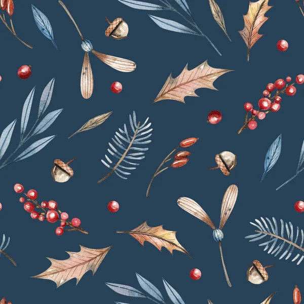 Winterpflanzen Nahtloses Muster Auf Dunkelblauem Hintergrund Weihnachtspflanzen Beeren Blätter Zweige — Stockfoto