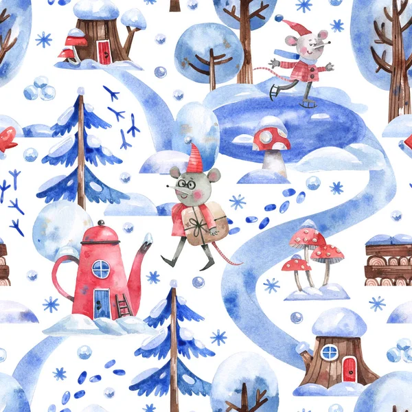 Winter cartoon background with forest fairy landscape, cute mice characters, fairy houses. New Year, Christmas seamless pattern in kids style.