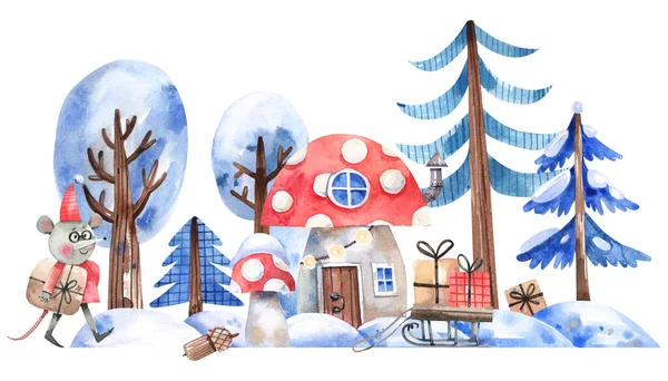 Winter cartoon illustration with fly agaric house, snowy forest, Christmas trees, gifts and cute cartoon characters.New Year, Christmas watercolor illustration.