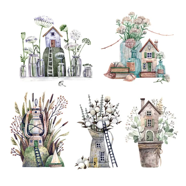 Collection Jolies Maisons Fées Avec Des Fleurs Jardins Aquarelle Illustrations — Photo