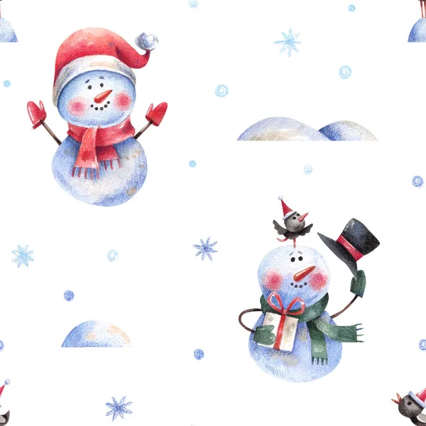 かわいい 白い背景に雪だるまや雪のドリフトとクリスマスのパターン 包装紙 織物のためのクリスマスの背景 — ストック写真