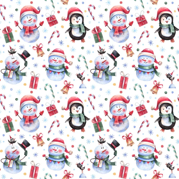 Cartoon, Christmas background with cute snowmen, penguins, gifts and snowflakes.Seamless pattern with Christmas, New Year elements and kids style characters.