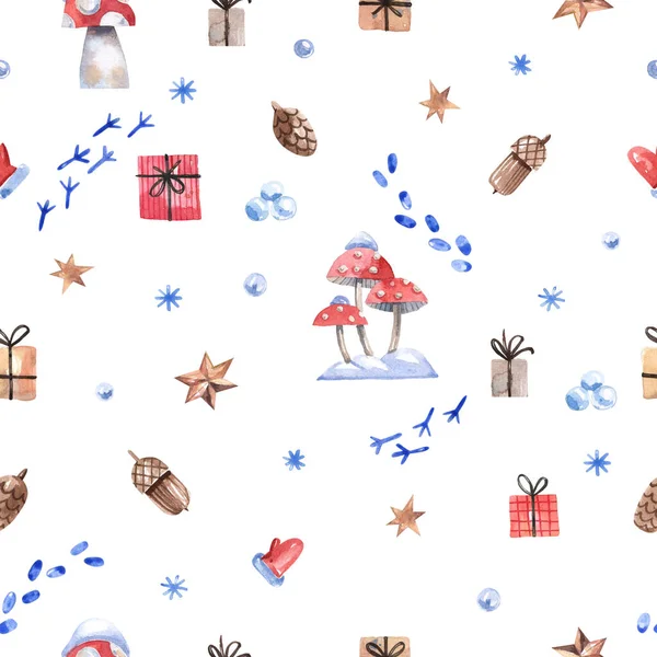 Aquarel Winterpatroon Met Kerstcadeaus Voetafdrukken Sneeuw Sterren Vliegagarics Naadloze Achtergrond — Stockfoto