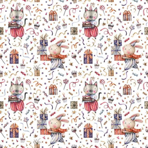 Cartoon Seamless Pattern Cute Characters Carnival Costumes Gifts Sweets Birthday — Stock Photo, Image