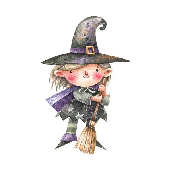 Halloween character witch with broom watercolor illustration isolated on white background. Spooky witch character, trick or treat, halloween. Kid is a cute witch.