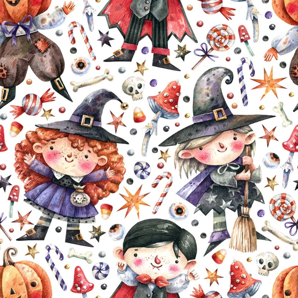 Patrón Sin Costuras Halloween Con Brujas Lindas Vampiros Calabazas Huesos —  Fotos de Stock