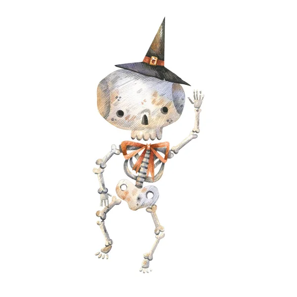 在白色背景上孤立的跳舞的骨架水彩画 卡通人物之间的骷髅在魔法师的帽子里 — 图库照片