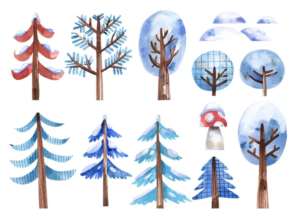 Set Von Winterpflanzen Bäumen Sträuchern Cartoon Stil Gezeichnet Weihnachtsbaum Aquarell — Stockfoto