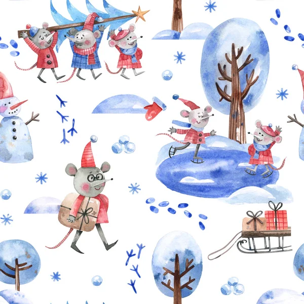 Cartoon winter background with cute characters ice skating mice, mice carrying christmas tree, gifts and snowmen. Watercolor seamless pattern with cute characters, winter landscape.