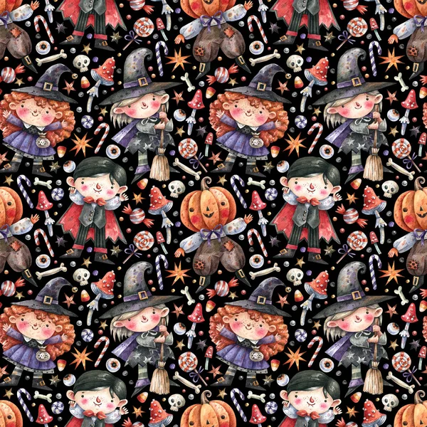 Cartoon Halloween Pattern Witches Vampires Skeletons Pumpkins Bats Bones Black — Stock Photo, Image