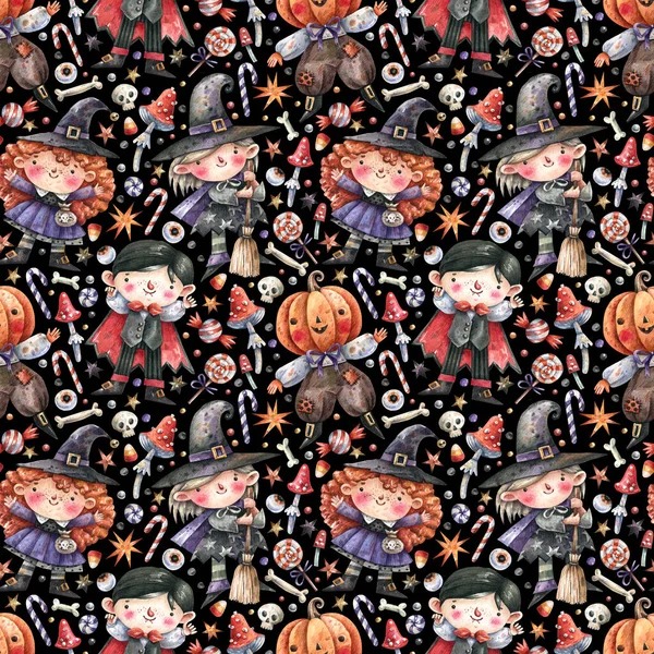 Cartoon Halloween pattern with witches, vampires, skeletons, pumpkins, bats and bones on a black background.  Cute, bright Halloween seamless pattern.  Watercolor illustration.