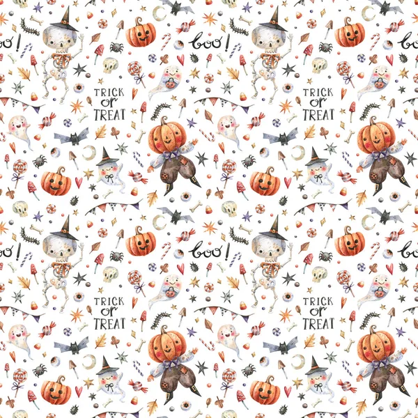 Halloween Kreskówki Bezszwowy Wzór Upiornymi Postaciami Smakołyki Kości Pająki Szkielet — Zdjęcie stockowe