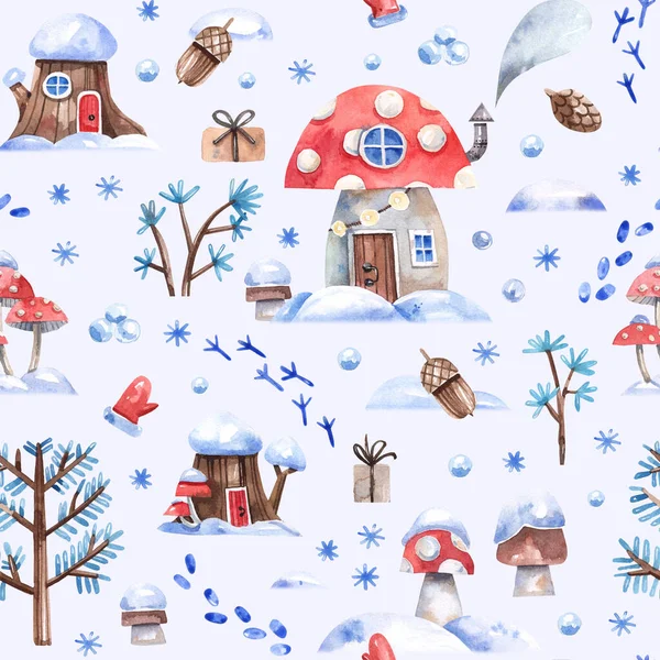 Tekenfilm Aquarel Achtergrond Met Vliegen Agaric Huis Bos Bomen Sneeuwvlokken — Stockfoto