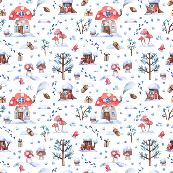 Cartoon, watercolor background with fly agaric house, forest trees, snowdrifts. Seamless pattern with fabulous winter forest.