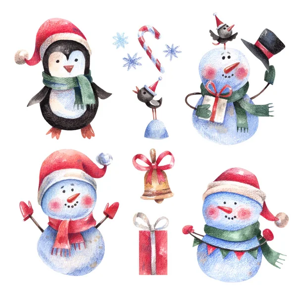 Cute, cartoon Christmas characters and elements collection. Hand drawn snowmen, penguin, christmas elements in cartoon style