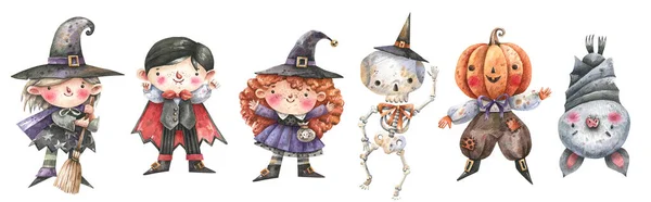 Kísérteties Halloween Karakterek Rajzfilm Stílusban Boszorkányok Vámpírok Csontváz Tök Denevér — Stock Fotó