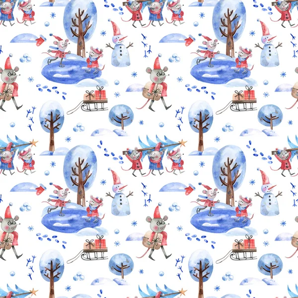 Cartoon winter pattern with snowy landscape, snowmen, ice skating mice, mice with gifts. Watercolor illustration of seamless pattern with New Year, Christmas stories.