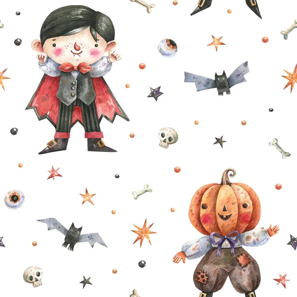 Spooky seamless pattern with vampire, pumpkin head, bones, bats in cartoon style. Halloween pattern with cute characters on a white background.