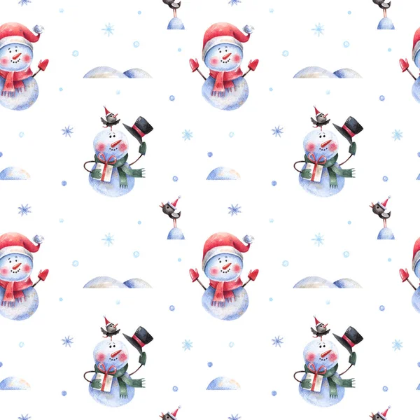 Cute Snowmen Hats Snowflakes Snowdrifts White Background Seamless Pattern Cartoon — Stock Photo, Image