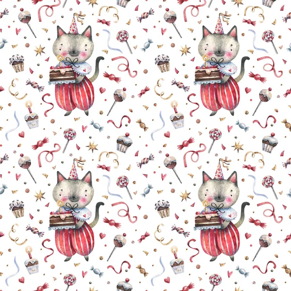 カーニバルの衣装 お菓子 装飾やコンフェッティでかわいい猫と漫画の休日のシームレスなパターン 包装紙 お祝いの織物 スクラップブッキングの背景 水彩画 — ストック写真