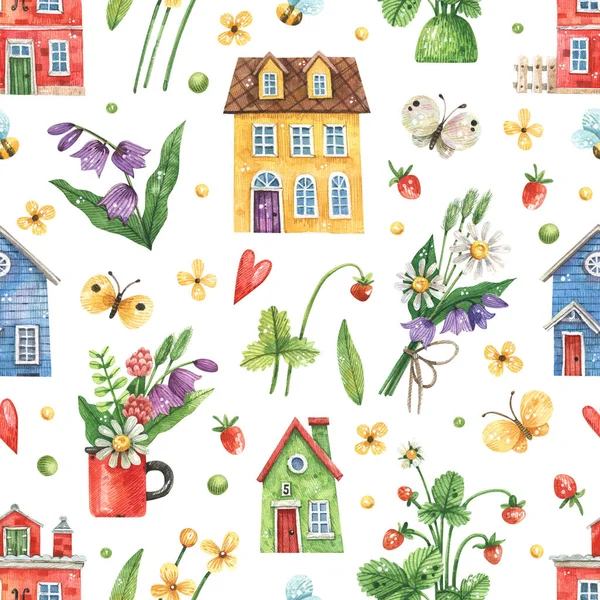 Aquarel Naadloos Patroon Met Schattige Gekleurde Huizen Vlinders Weidebloemen Textuur — Stockfoto