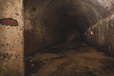 Terk edilmiş eski bir hava saldırısı sığınağı kumtaşı mahzeni ve ormanın derinliklerinde çay ışıkları olan bir sığınak.