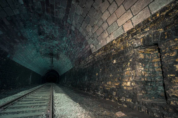 Läskig Gammal Övergiven Järnvägstunnel Förfallen Årtionden Förlorad Plats Med Naturliga — Stockfoto