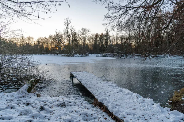 Met Sneeuw Bedekte Prinselijke Hohenzollern Park Krauchenwies Ablacher See Bij — Stockfoto