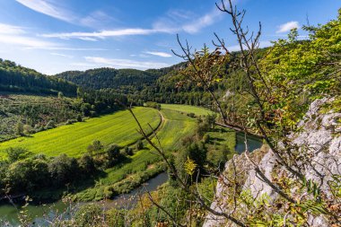 Yukarı Tuna Doğa Parkı 'nda Beuron yakınlarında muhteşem bir sonbahar yürüyüşü. Manzarası ve panoraması var.